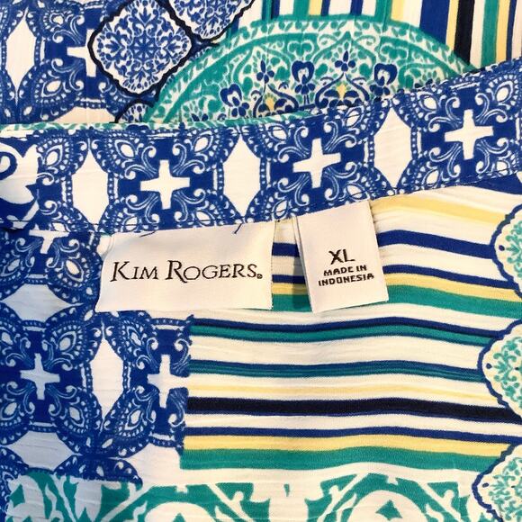 Kim Rogers Blouse Top Button Down Roll Tab Sleeves Blue Aqua Yellow White XL - Picture 5 of 6